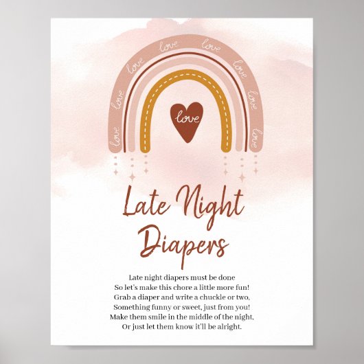 Trendy Boho Rainbow Late Night Diapers Game Sign Poster (Voorkant)