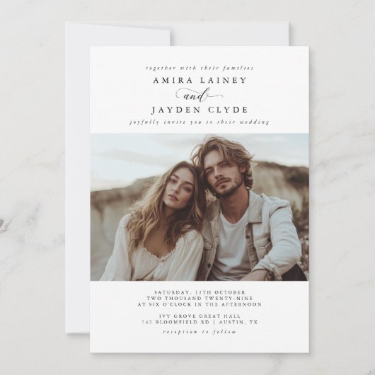 Trendy Boho Rustieke Minimalistische Fotobruiloft Kaart (Voorkant)