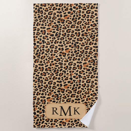Trendy Bold Leopard Print Aangepast 3 Letter Monog Strandlaken (Voorkant)