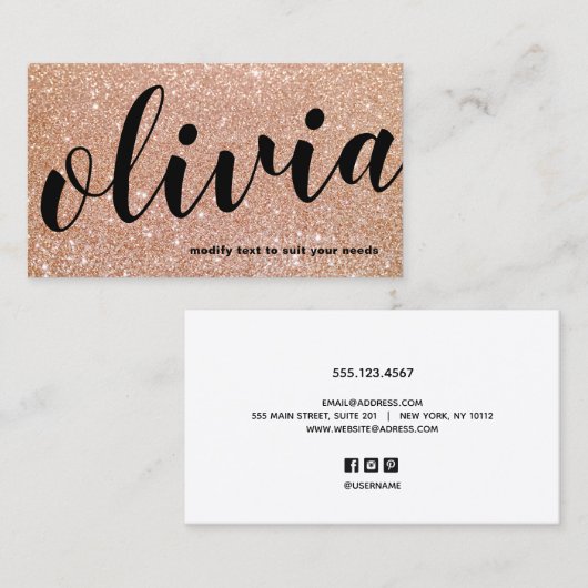 Trendy Bold Roos Gold Glitter Script Kalligrafie Visitekaartje (Voorkant / Achterkant)