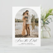 Trendy boog foto Modern script bruiloft Save The Date (Staand voorkant)