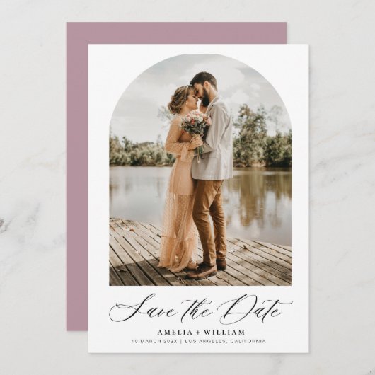 Trendy boog foto Modern script bruiloft Save The Date (Voorkant / Achterkant)