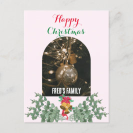 Trendy boog foto vrolijk kerst gebladerte roze feestdagenkaart