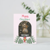 Trendy boog foto vrolijk kerst gebladerte roze feestdagenkaart (Staand voorkant)