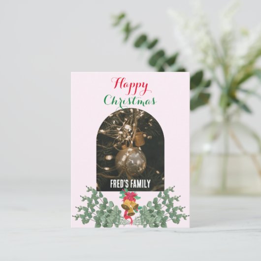 Trendy boog foto vrolijk kerst gebladerte roze feestdagenkaart (Staand voorkant)