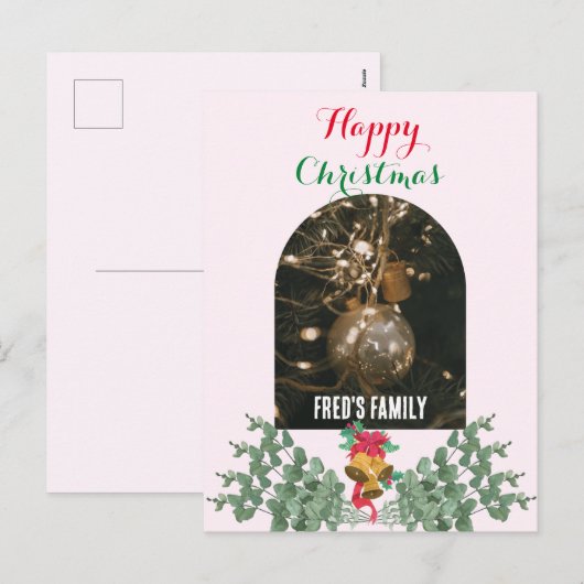 Trendy boog foto vrolijk kerst gebladerte roze feestdagenkaart (Voorkant / Achterkant)