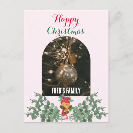 Trendy boog foto vrolijk kerst gebladerte roze feestdagenkaart