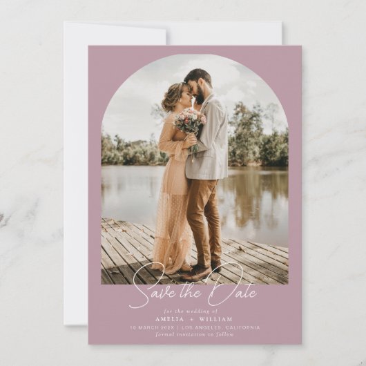 trendy boogfoto stoffige roos bruiloft Save the Da Date (Voorkant)