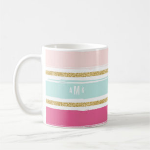 Trendy borstelstrepen met gouden glitter monogram  koffiemok