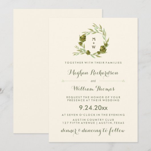 Trendy botanische krans met bladeren en artisjokke kaart (Voorkant / Achterkant)