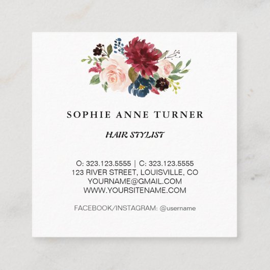 Trendy Bourgogne Bloemen Professionele Schoonheids Vierkante Visitekaartje (Achterkant)