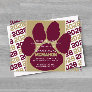 Trendy Bourgogne & Goud Afstuderen Pawprint Clear Acryl Uitnodigingen