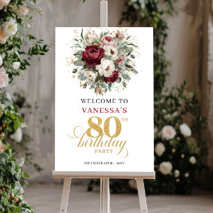 Trendy Bourgondië Bloemen 80e Verjaardag Welkomstb Poster