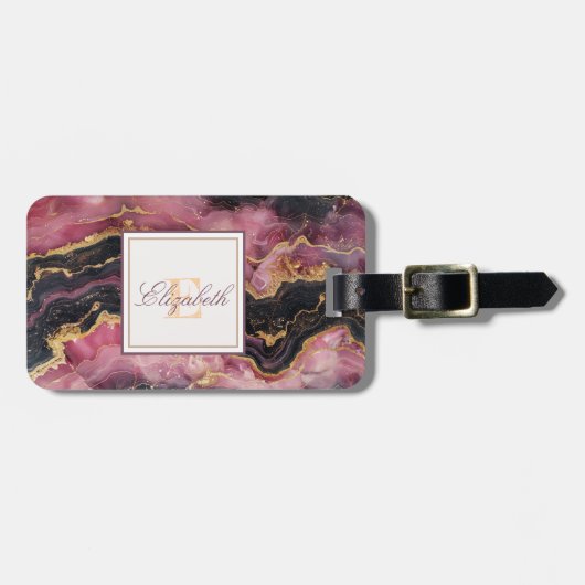 Trendy Bourgondië Steen Marmer Textuur, Monogram Bagagelabel (Voorkant horizontaal)