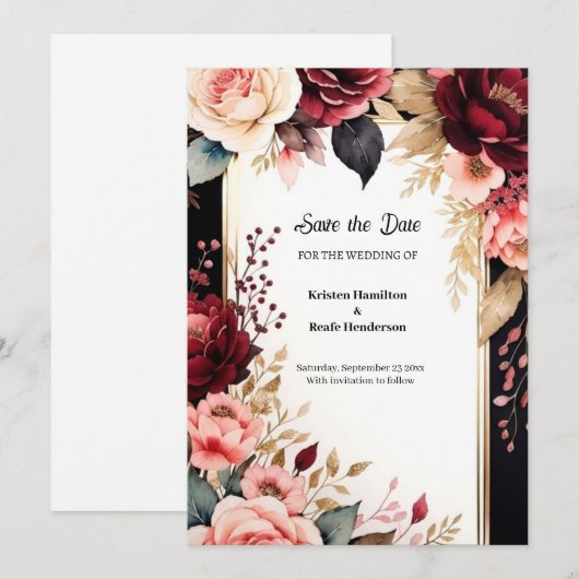 Trendy Bourgondische typografie Save The Date (Voorkant / Achterkant)