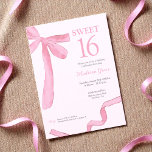 Trendy Bow Ribbon Coquette Sweet 16 Blush Pink  Kaart<br><div class="desc">Celebrate a milestone in style with this Blush Pink Coquette Sweet 16 Birthday Invitation, available in both print and as a digital download. Featuring a hand-painted watercolor ribbon and bow design by Lorena Depante, this invitation combines soft, feminine elegance with playful charm—perfect for the coquette aesthetic. The pink hues and...</div>