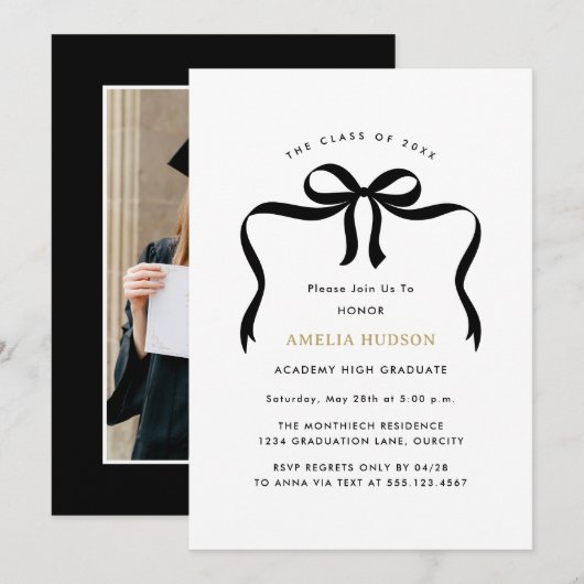Trendy Bow Ribbon Foto Afstudeerfeest Kaart (Voorkant / Achterkant)