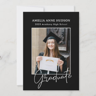 Trendy Bow Ribbon Zwart & Wit Foto Afstuderen Kaart