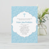 Trendy Boy Baptism-uitnodiging, blauwe damasje Kaart (Staand voorkant)