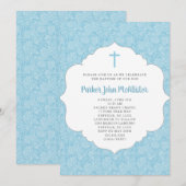 Trendy Boy Baptism-uitnodiging, blauwe damasje Kaart (Voorkant / Achterkant)