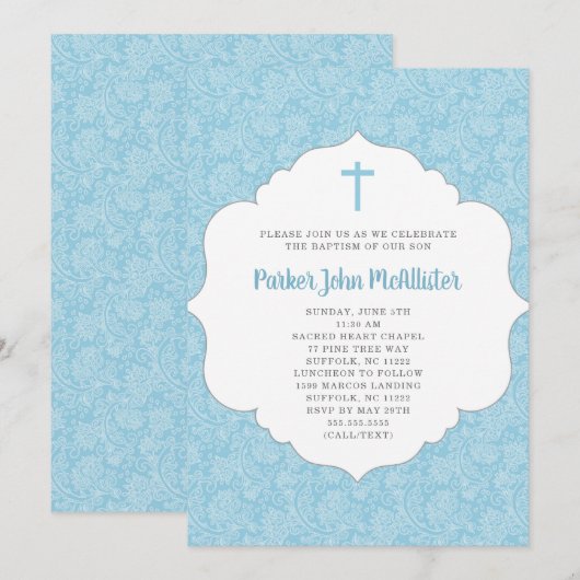 Trendy Boy Baptism-uitnodiging, blauwe damasje Kaart (Voorkant / Achterkant)