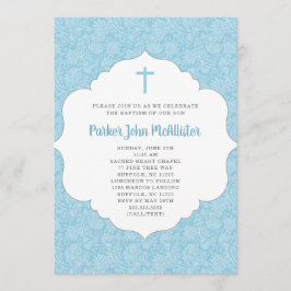 Trendy Boy Baptism-uitnodiging, blauwe damasje Kaart