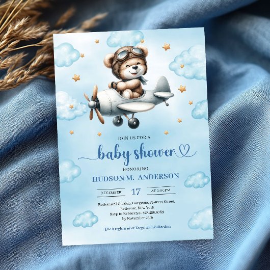 Trendy Boy Shower Teddy Bear Pilot Blue Brown Kaart