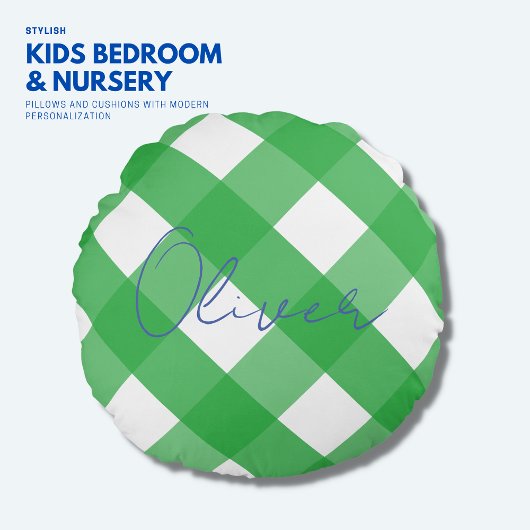 Trendy Boys Blue en Green Gingham Monogram Pillow Rond Kussen