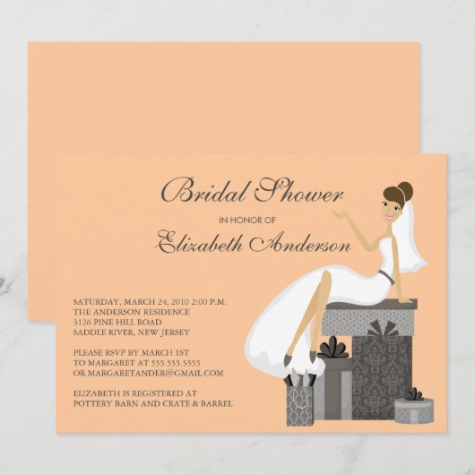 Trendy Bride Bridal Shower Invitation Peach Grey Kaart (Voorkant / Achterkant)