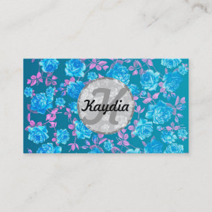 Trendy Bright Blue Blauwgroen  Floral Monogram Visitekaartje