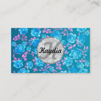 Trendy Bright Blue Blauwgroen  Floral Monogram Visitekaartje