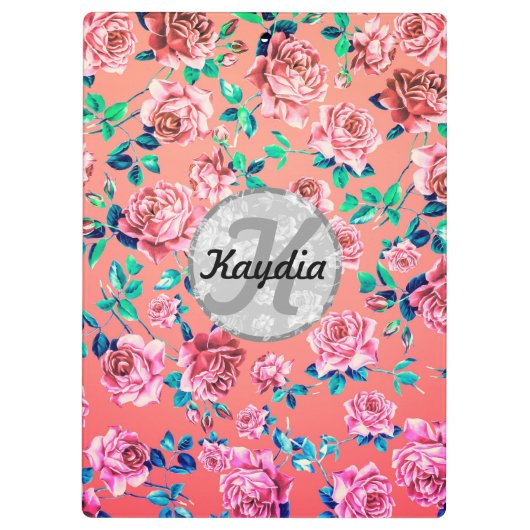 Trendy Bright Girly Pink Floral Monogram Klembord (Achterkant)