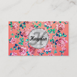 Trendy Bright Girly Pink Floral Monogram Visitekaartje