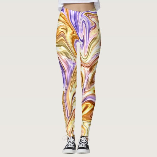 Trendy Bright Gold Paarse golven Abstract Patroon Leggings (Voorkant)