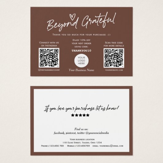 Trendy brown modern script QR-code bedankt je kaar Visitekaartje (Voorkant /achterkant)