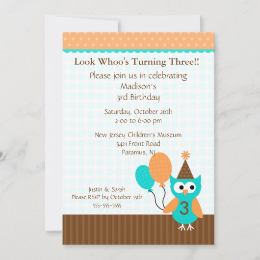 Trendy Brown Party Owl Birthday Invitation Kaart (Voorkant)