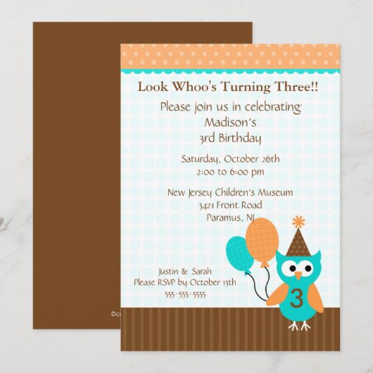 Trendy Brown Party Owl Birthday Invitation Kaart (Voorkant / Achterkant)