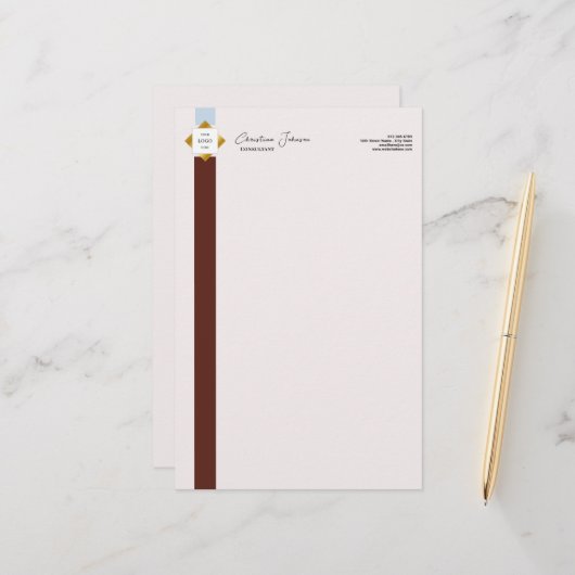 Trendy Brown Stripes Gold Logo Briefpapier (Voorkant / Achterkant in situ)