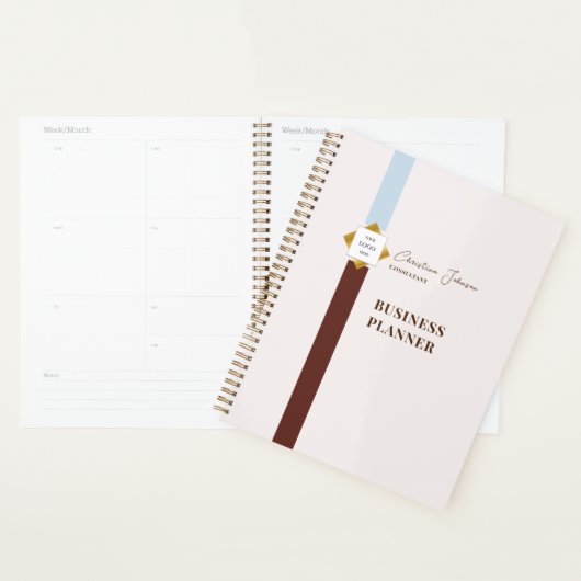Trendy Brown Stripes Gold Logo Planner (Display)