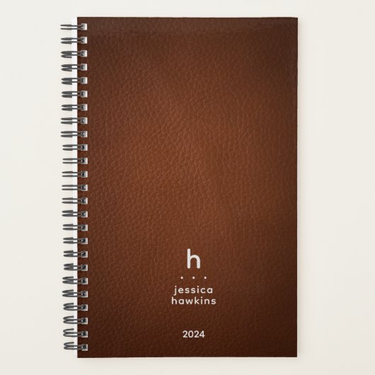 Trendy bruin leder modern monogram wekelijks planner (Voorkant)