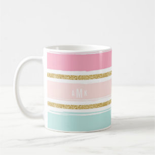 Trendy Brush Stripes met Gouden Glitter Monogram I Koffiemok