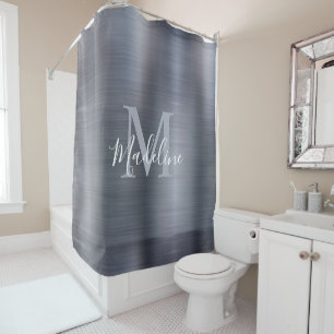 Trendy Brushed Metal Black Silver Grey Monogram Douchegordijn