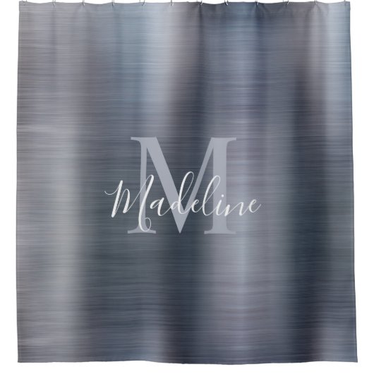 Trendy Brushed Metal Black Silver Grey Monogram Douchegordijn (Voorkant)