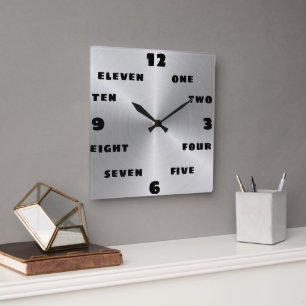 Trendy Brushed Steel Black Word Numeral Face Vierkante Klok