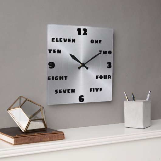 Trendy Brushed Steel Black Word Numeral Face Vierkante Klok (Kantoor)
