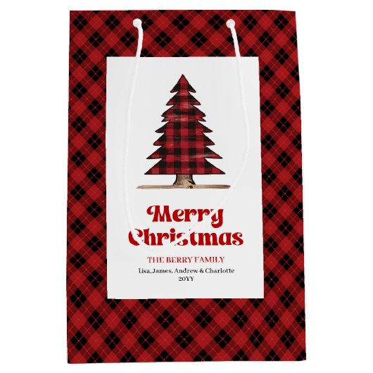 Trendy buffalo plaid Christmas tree gift bag Medium Cadeauzakje (Voorkant)