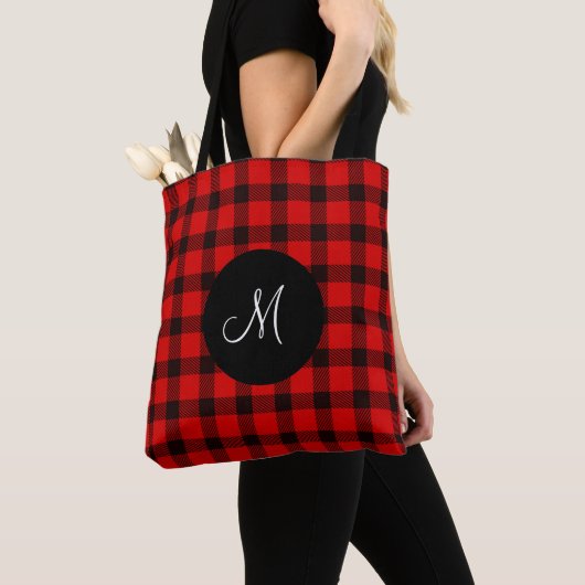Trendy Buffalo rood zwart geruit monogram Tote Bag (Dichtbij)