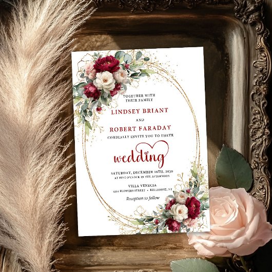 Trendy Burgundy Bohemian Wedding Floral Invite Kaart