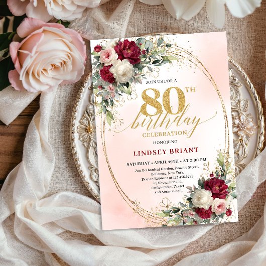 Trendy Burgundy Boho Chic 80th Birthday Invitation Kaart