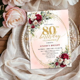 Trendy Burgundy Floral Gold 80th Birthday Invite Kaart